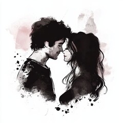Fototapeta premium Illustration of a Couple in Love, Foreheads Touching, with Gentle Watercolor Effects and Splashes on a White Background