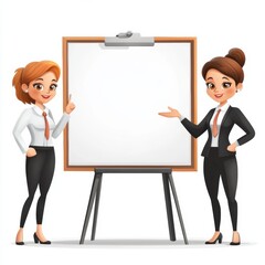 Two businesswomen discussing strategy with presentation whiteboard in office