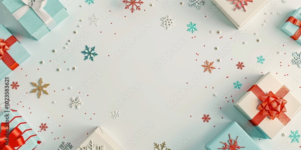 Poster a white background with a bunch of presents and snowflakes. the snowflakes are scattered all over th