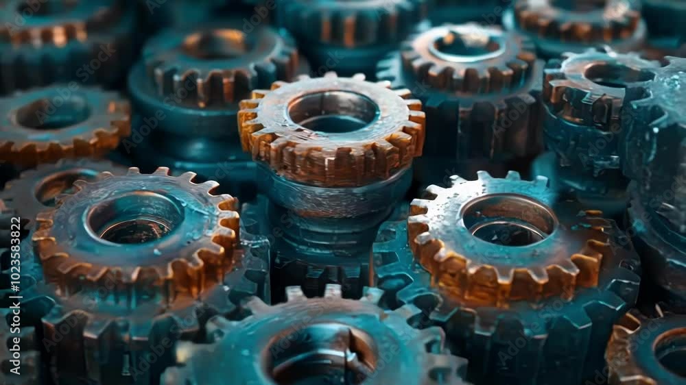 Poster metallic gears connecting with each other, creating a complex and powerful engine, ideal for illustr