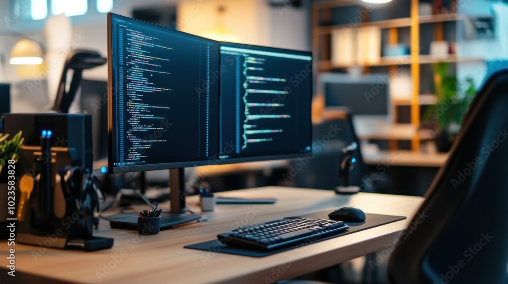 Poster A Close-up of a Modern Workstation with Dual Monitors Displaying Programming Code