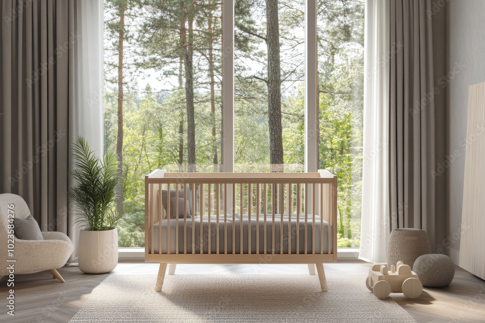 Poster modern and bright nursery featuring a crib in front of a large window with a view of a forest