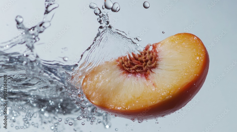 Poster peach half splashing in water with bubbles