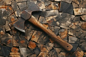 Well used double bit axe is lying on a stack of firewood, showing its age and character