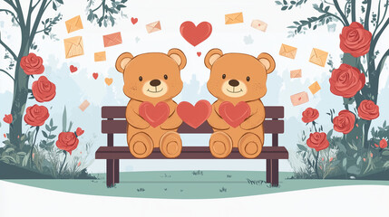 Two teddy bears on a park bench, holding hearts and surrounded by fluttering love letters and red roses, teddy bear holding a heart, vector style