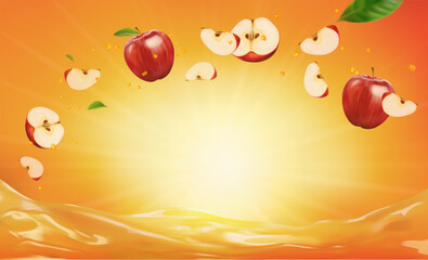 3d realistic vector horizontal banner, apple juice splash, red apple juice color background with flying leaves for your design, ads