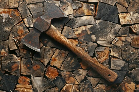Well used double bit axe is lying on a stack of firewood, showing its age and character