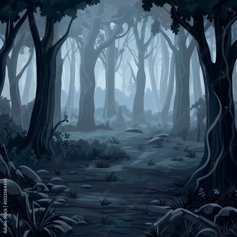 Aufkleber a captivating image of a foggy forest with tall trees and dense vegetation, creating a mysterious an