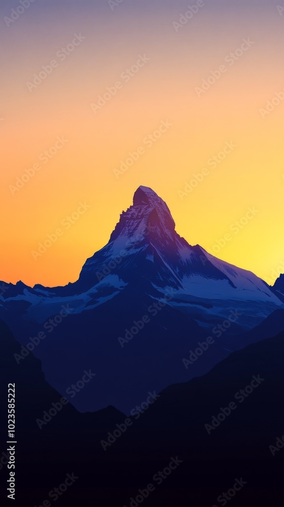 Poster a mountain with a snow cap and a sunset in the background