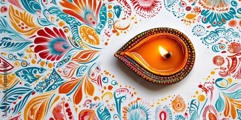 Poster diwali background featuring a single diya and vibrant patterns on a clean white canvas.