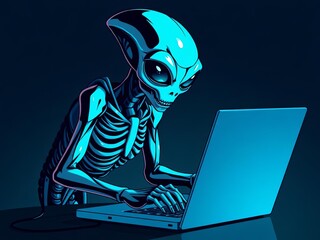 Cartoon alien using laptop in dark background