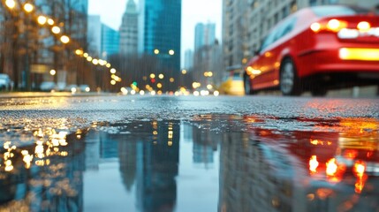 Fototapeta premium Rainy Night City Street with Reflections and Blurred Car Lights