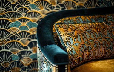 Close-up perspective of a luxurious sofa, showcasing its rich fabrics and elegant detailing against...