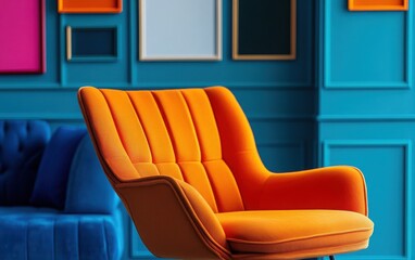 Close-up perspective of the orange armchair, highlighting its unique design and texture, while the blue sofa and blue wall with frames serve as a colorful backdrop. 