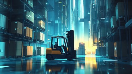 A yellow forklift stands in the middle of a futuristic warehouse, ready to move goods between the towering shelves.