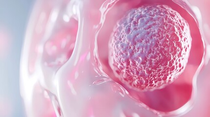 A close-up 3D view of a human cell under a microscope, with visible nucleus, cytoplasm, and organelles floating in a fluid environment.
