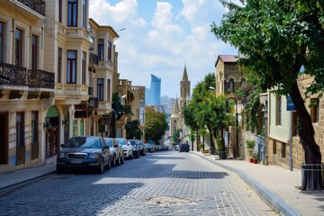 Naklejka premium Narrow cobblestone street lined with cars and buildings in the historic old town district of baku, azerbaijan leading to the flame towers in the distance
