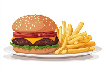 Cheeseburger with Tomato and Lettuce on a Plate with French Fries