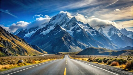 Landscape lookout of asphalt highway in Aoraki Mt Cook National Park