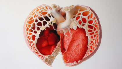Fototapeta premium A close-up of the heart's interior, showing the symmetry of the atria and ventricles, with their corresponding valves positioned in balance on each side.