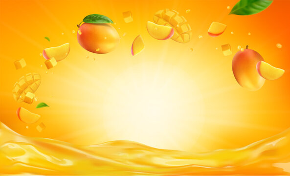 3d realistic vector horizontal banner, mango juice splash, mango juice color background with flying leaves for your design, ads