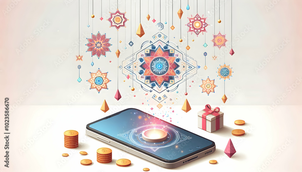 Poster flat smartphone with floating holographic rangoli elements on white background | simple vector illus