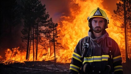 Naklejka premium Firefighter and his team in action facing a forest fire