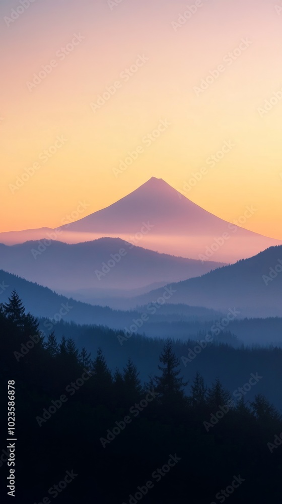 Poster a mountain range with a large peak in the distance