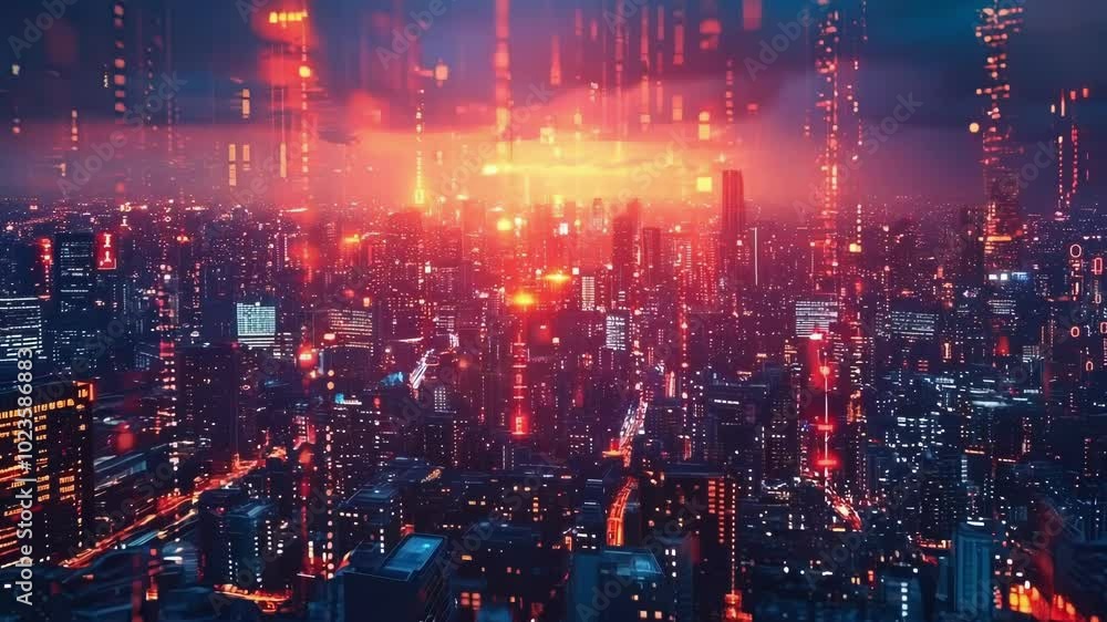 Aufkleber streams of binary code are falling on a futuristic cityscape at night, creating a mesmerizing specta