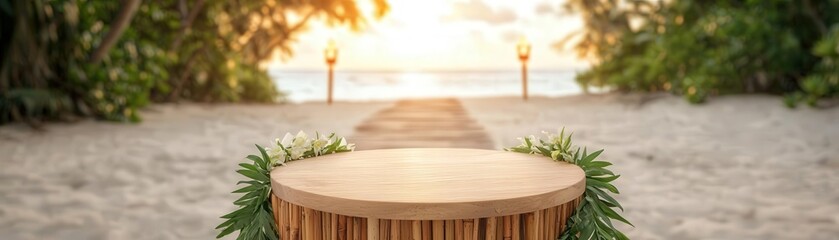 Serene beach path with wooden table, sunset view.