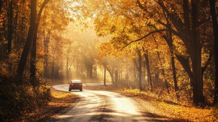 Fototapeta premium country road surrounded by vibrant autumn trees, with a car driving through the golden foliage