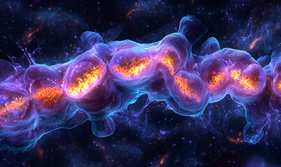 A cosmic nebula filled with swirling colors and radiant glowing spots.
