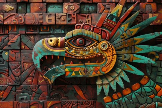 Colorful aztec eagle warrior carving on a stone wall, symbolizing strength and power in ancient mesoamerican culture