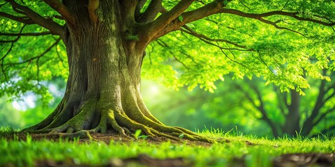 Green branches growing by the base of a large tree