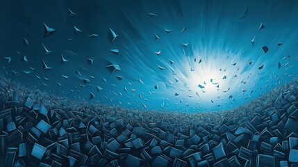 Fototapeta premium A surreal scene of floating books in a vast blue space, symbolizing knowledge and imagination.