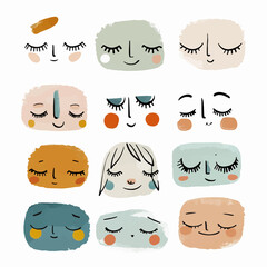 Obraz premium A collection of cute illustrated faces with closed eyes in soft natural colors. Boho style with floral inspiration, perfect for children's decor, posters, or stationery. Playful and minimalist design.