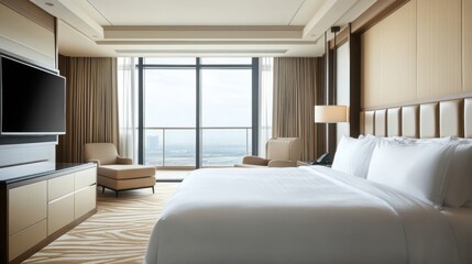 Spacious modern bedroom with large windows, a king-size bed, and a flat-screen TV.