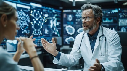 A doctor engages in a detailed discussion with a colleague in a tech-savvy medical environment, surrounded by digital displays of health data