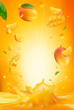 3d realistic vector vertical banner, mango juice splash, mango juice color background with flying leaves for your design, ads