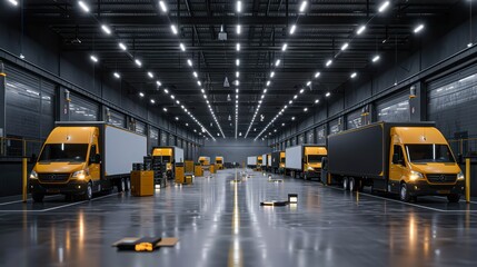 Fototapeta premium A spacious, modern warehouse scene featuring yellow delivery trucks lined up, ideal for logistics, transportation, and warehouse management visuals, Perfect for business presentations or advertising,
