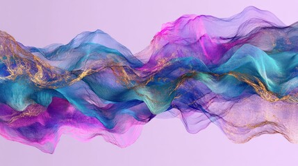 A colorful wave of translucent fabric with gold accents against a soft background.