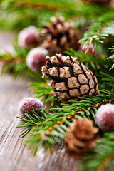 Fototapeta premium Christmas decoration on rustic wooden background. Close up. 