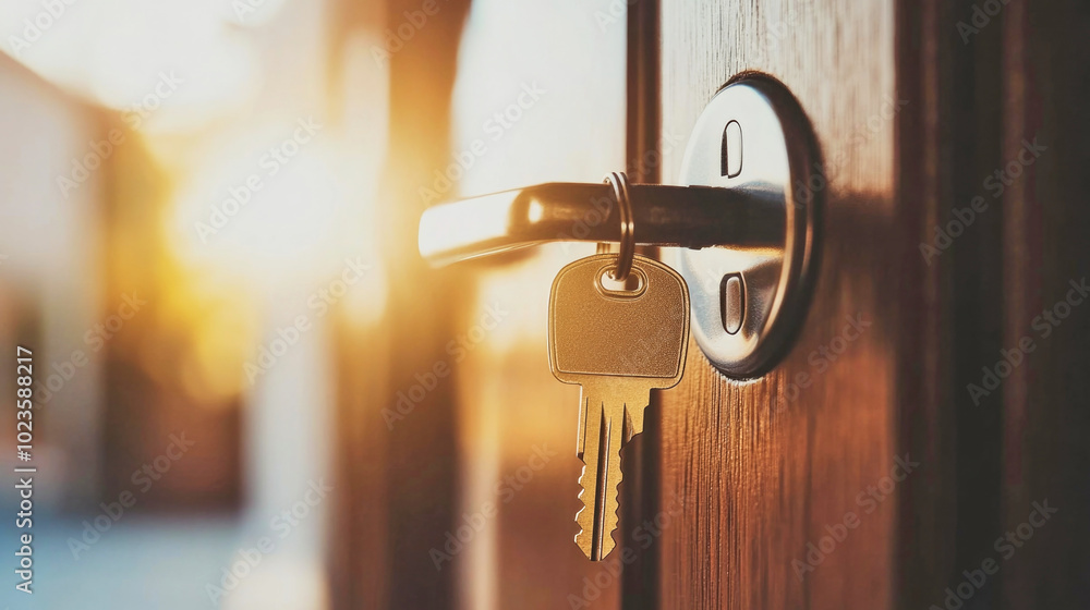 Wall mural modern house keys in a lock with a slightly open door, highlighting security and homeownership in na
