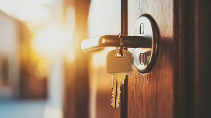 Modern house keys in a lock with a slightly open door, highlighting security and homeownership in natural light