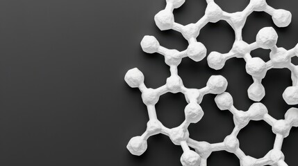 Abstract molecular structure with white spheres and rods on a dark background, ideal for scientific, educational, or research-related projects emphasizing chemistry or molecular biology concepts,