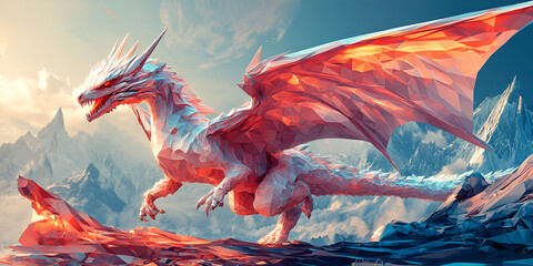 A dragon gliding gracefully over snow-covered peaks against a sunset sky.
