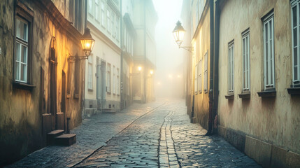 Narrow cobblestone streets of an old city enveloped in serene morning fog and soft illumination...