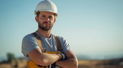 Male builder in a hard hat, standing outdoors, clear sky in the background. Worker with helmet outdoors