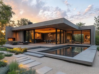 sleek modern concrete house featuring expansive glass doors, seamlessly integrating a minimalistic gravel garden, soft sunlight highlighting the clean lines and contemporary architecture