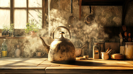 A traditional kettle boiling on the stovetop in a cozy, rustic kitchen with warm light and charming decor